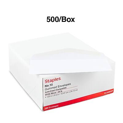 500/Box  
Staples No.10 Envelopes  
Gummed Envelopes  
Auto-Insert Compatible  
White Wove  
4 1/2" x 10 1/2" (10.47 in x 26.67 cm)  
500 Envelopes