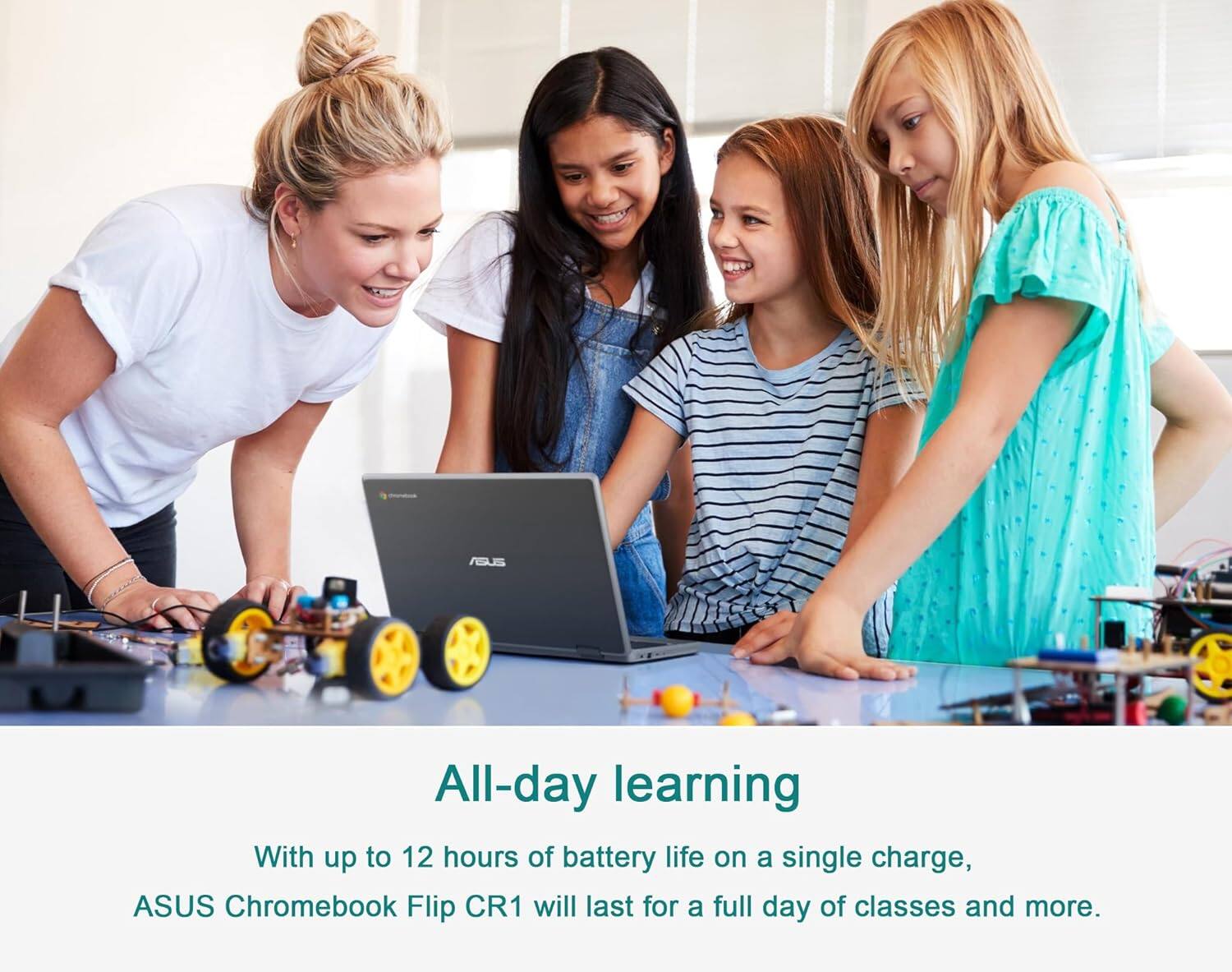 All-day learning

With up to 12 hours of battery life on a single charge, ASUS Chromebook Flip CR1 will last for a full day of classes and more.