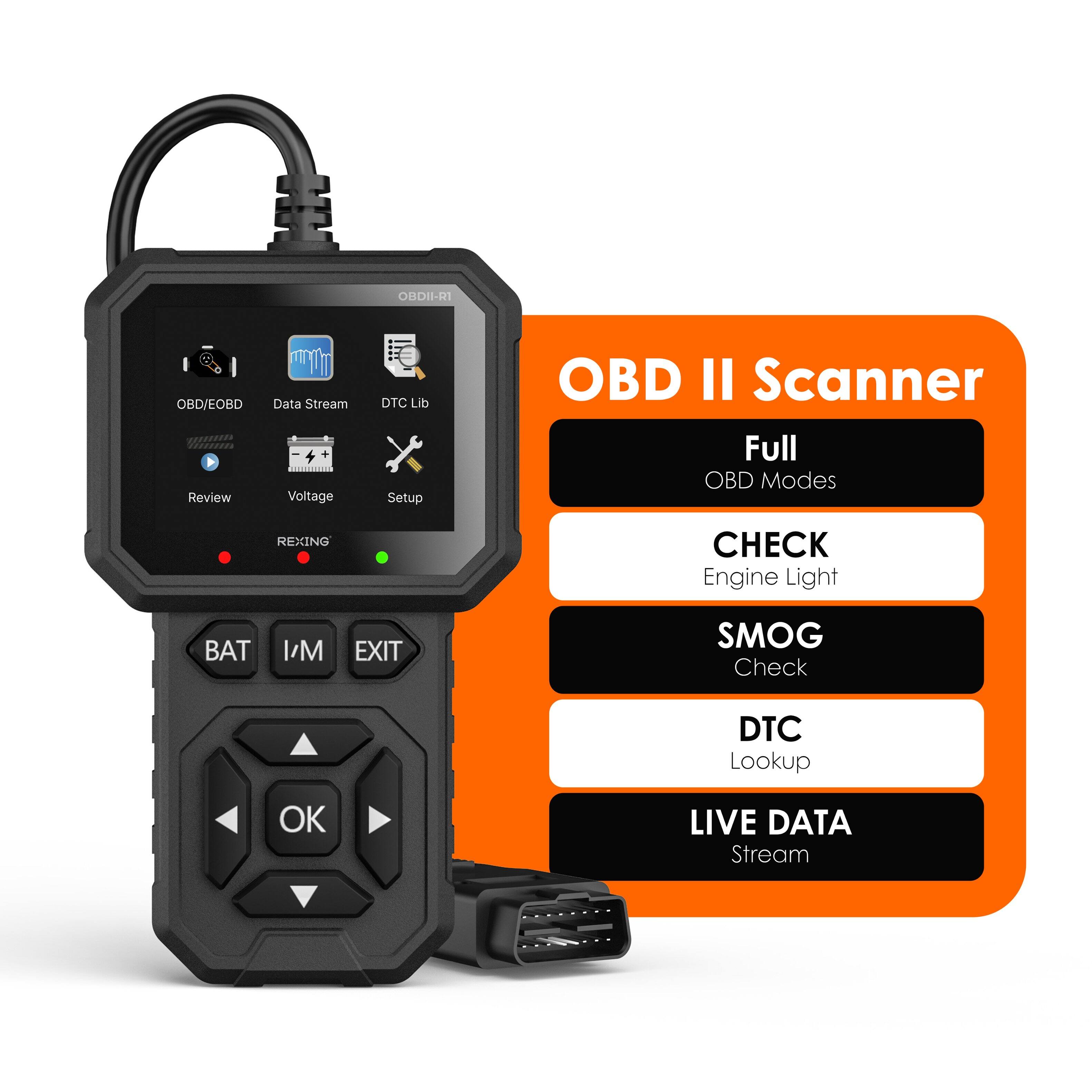 RDE-M1 OBD/EOBD 01000000 ledzR  
Review Data Stream  
Voltage DTC Lib Setup  
OBD II Scanner Full OBD Modes  
REXING  
CHECK Engine Light  
BAT I/M EXIT  
SMOG Check  
DTC Lookup  
LIVE DATA Stream