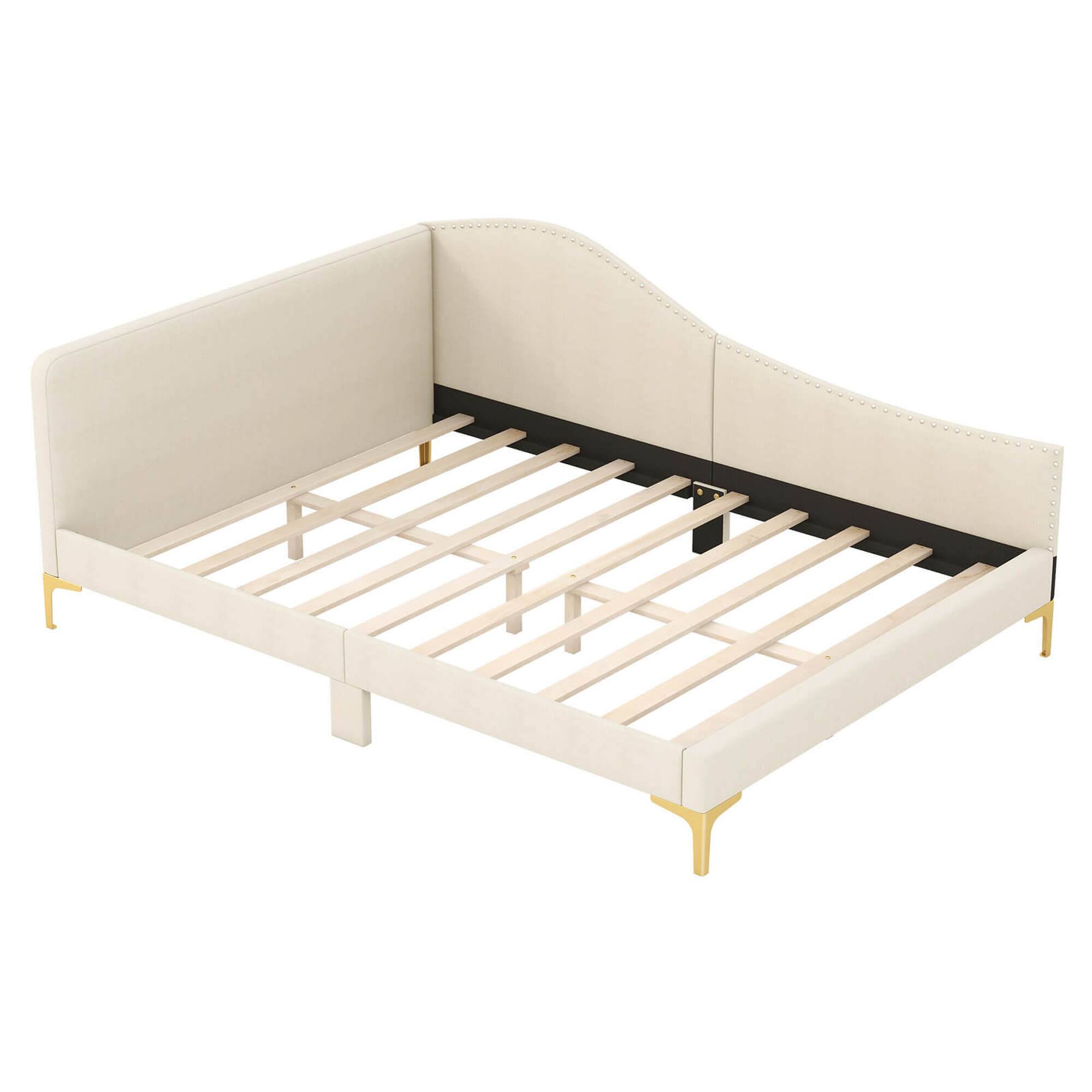 Angle. Costway - Full Size Upholstered Daybed Rivet-Tufted Platform Bed with  Metal Legs Wood Slats - Beige.