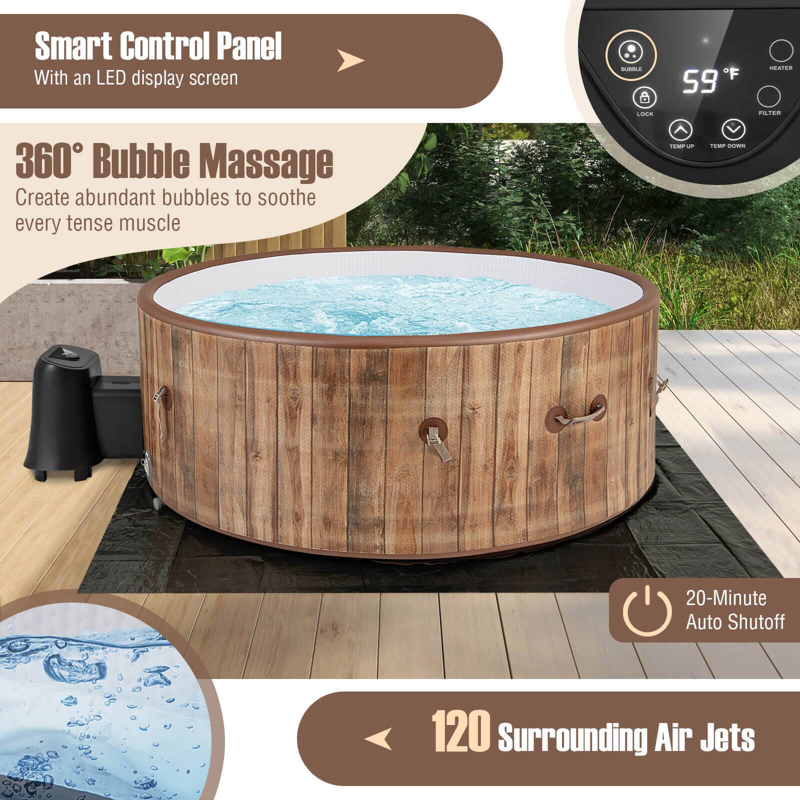 The text on the image is grouped as follows:

1. Smart Control Panel: With an LED display screen
2. 8 LO-F 59 SEATEA FLTER: 360 Bubble Massage: Create abundant bubbles to soothe every tense muscle
3. OM TEMP BEN: 20-Minute Auto Shutoff
4. 120 Surrounding Air Jets