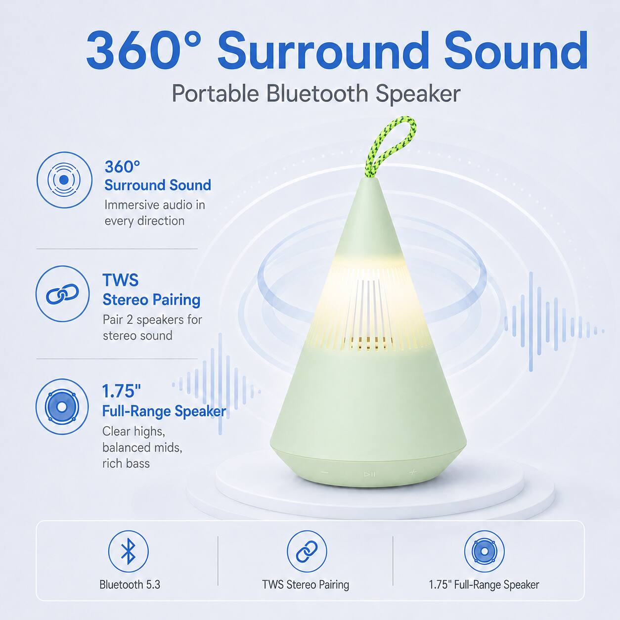 360° Surround Sound Portable Bluetooth Speaker

- 360° Surround Sound: Immersive audio in every direction
- TWS Stereo Pairing: Pair 2 speakers for stereo sound
- 1.75" Full-Range Speaker: Clear highs, balanced mids, rich bass
- Bluetooth 5.3