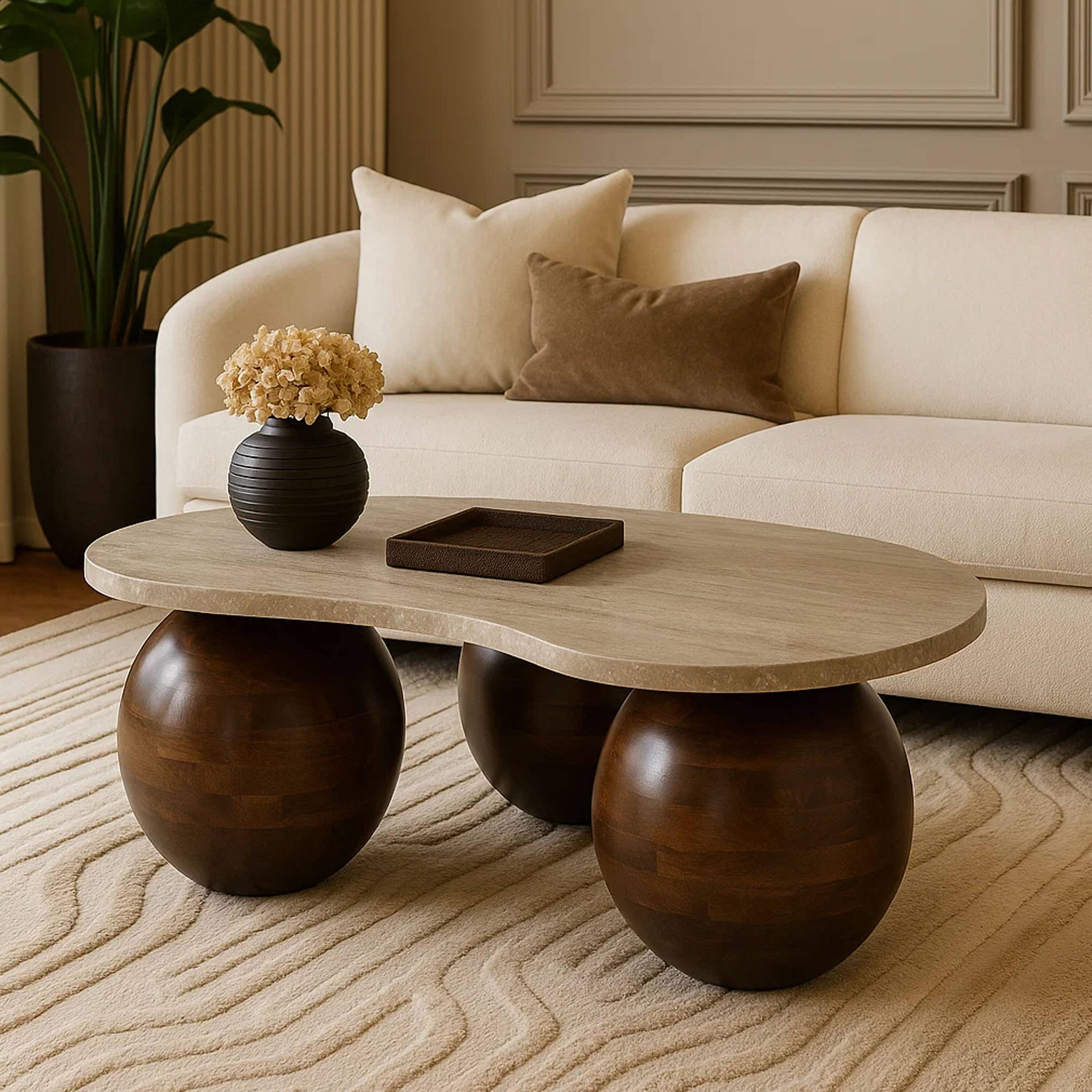 Alt View 6. Manhattan Lane - Resh Accent Coffee Table, Curved Natural Travertine Top, Round 3 Balls Wood Base - Brown.