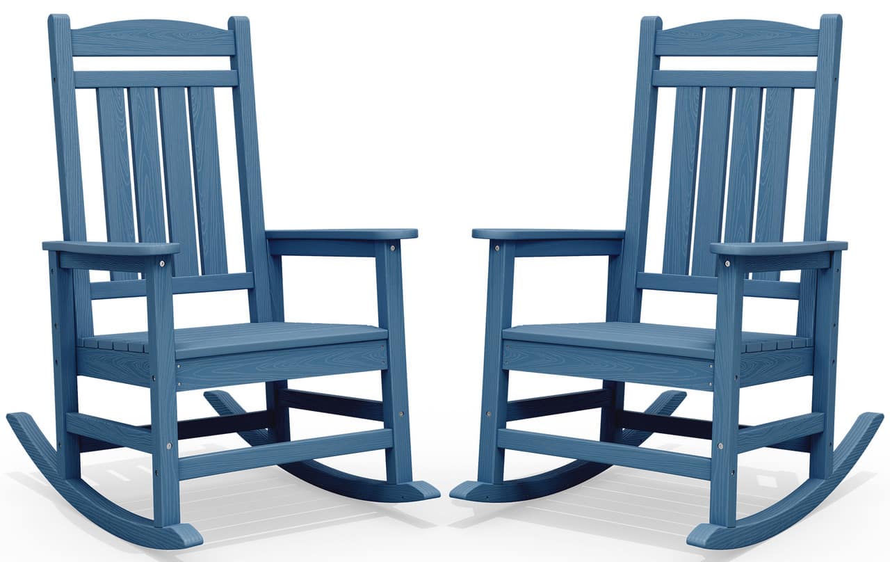 SERWALL - Outdoor Rocking Chair Set of 2, Patio Rocking Chair, HDPE All-Weather Oversized Outdoor Rocking Chair - Blue
