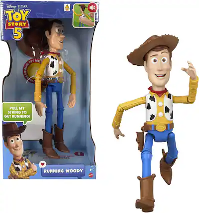 Disney PIXAR TOY STORY 5 TRY ME! RUN! ME BN KE M C PULL MY STRING TO GET RUNNING! PUSH DOWN ARU LESS ESET. ! RUNNING WOODY 3+ MIT