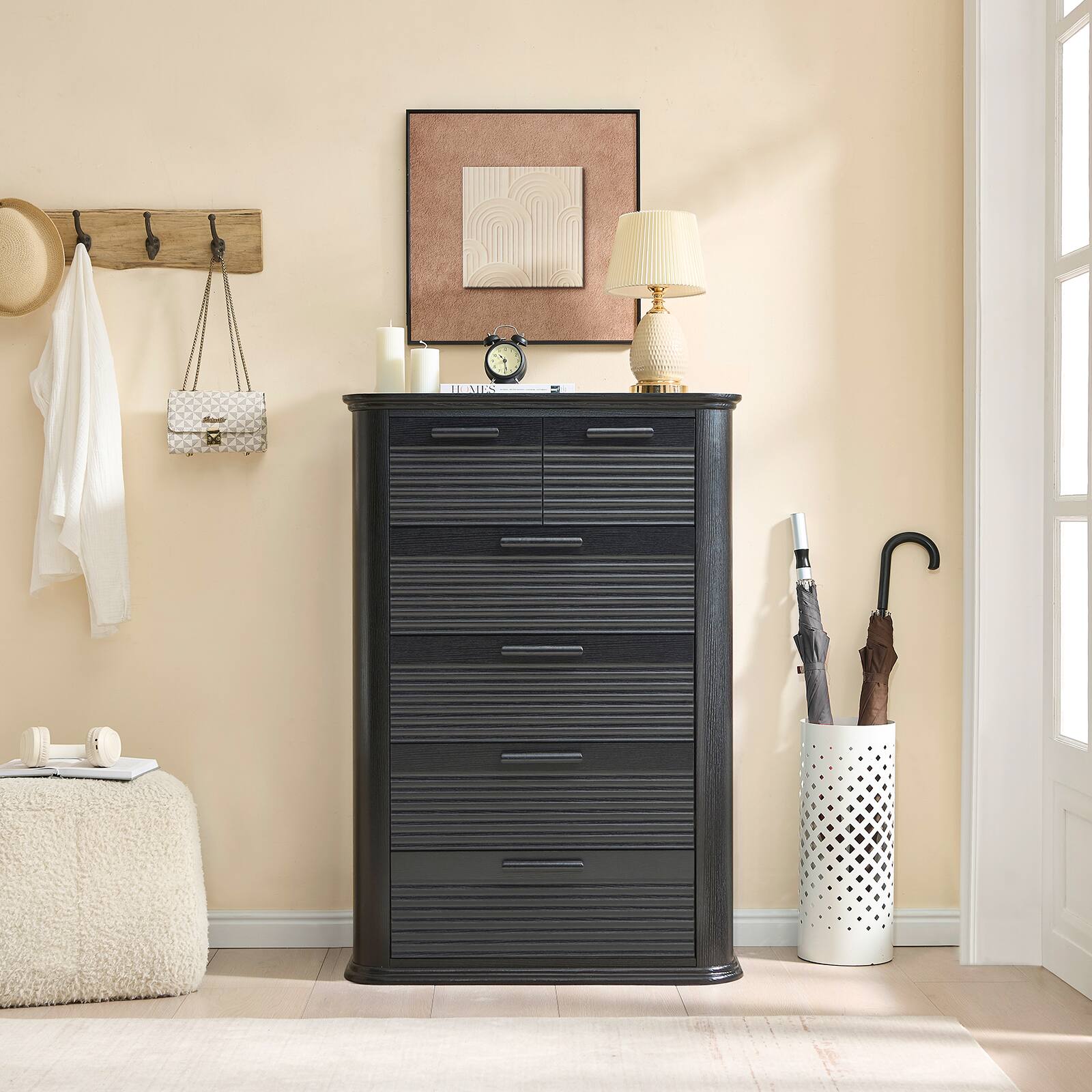 Alt View 1. Forest'nSky - Black Wood 6 drawer 31.5 in. Wide Chest of Drawers with Curved Profile Design for Living Room - Black.