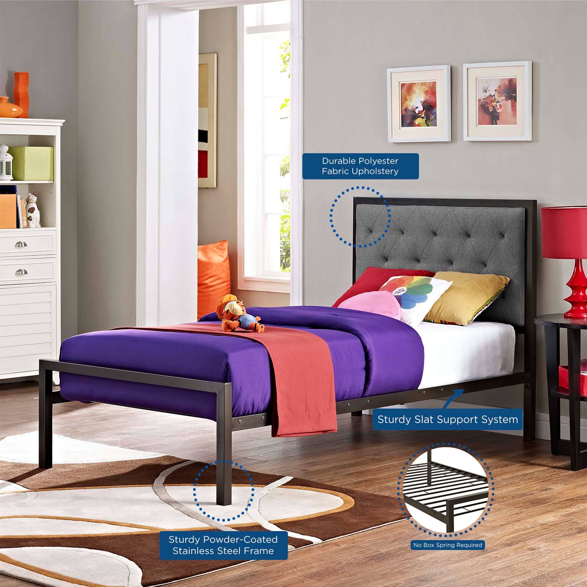 - Durable Polyester Fabric Upholstery
- Sturdy Powder-Coated Stainless Steel Frame
- Sturdy Slat Support System
- No Box Spring Required