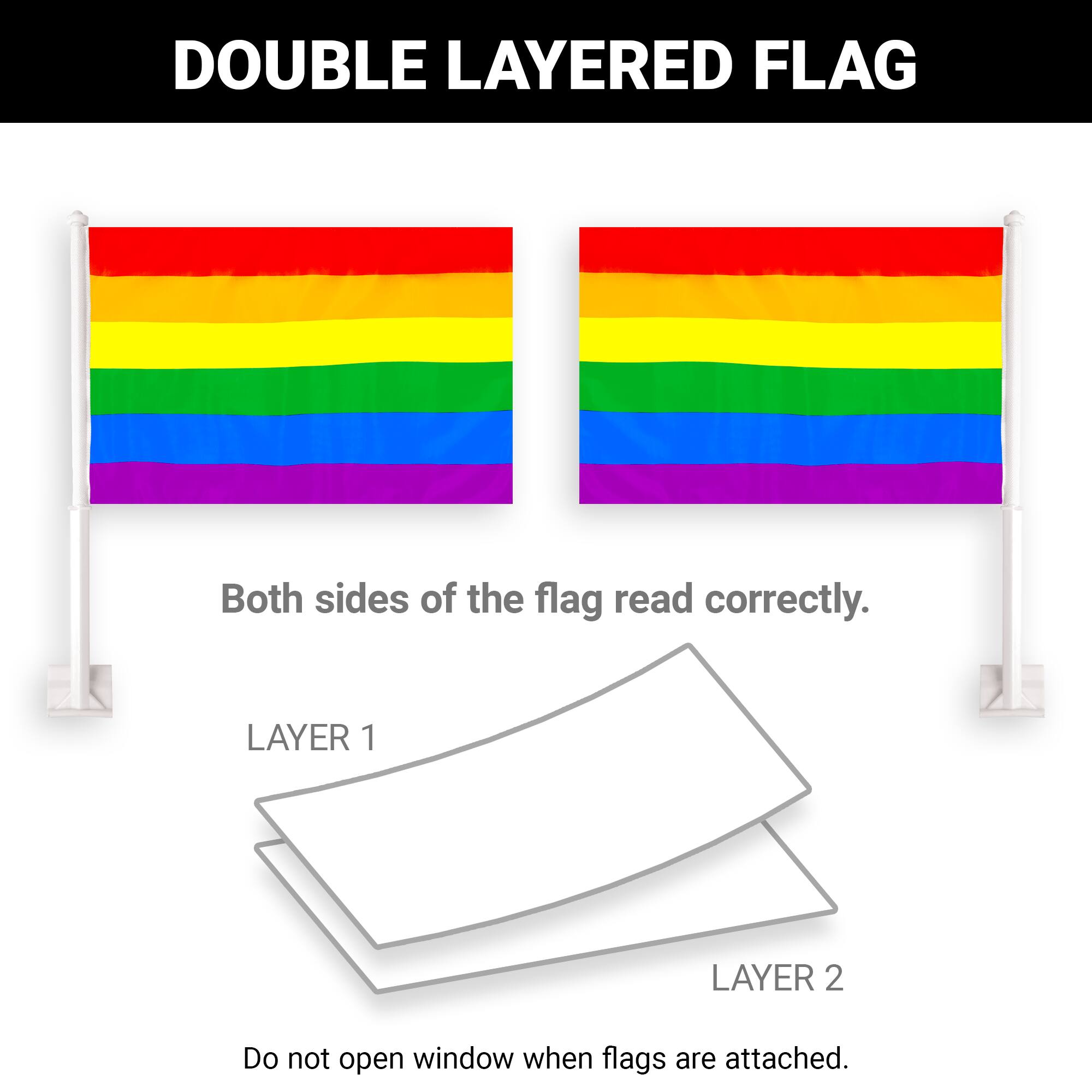 DOUBLE LAYERED FLAG  
Both sides of the flag read correctly.  

LAYER 1  
LAYER 2  

Do not open window when flags are attached.