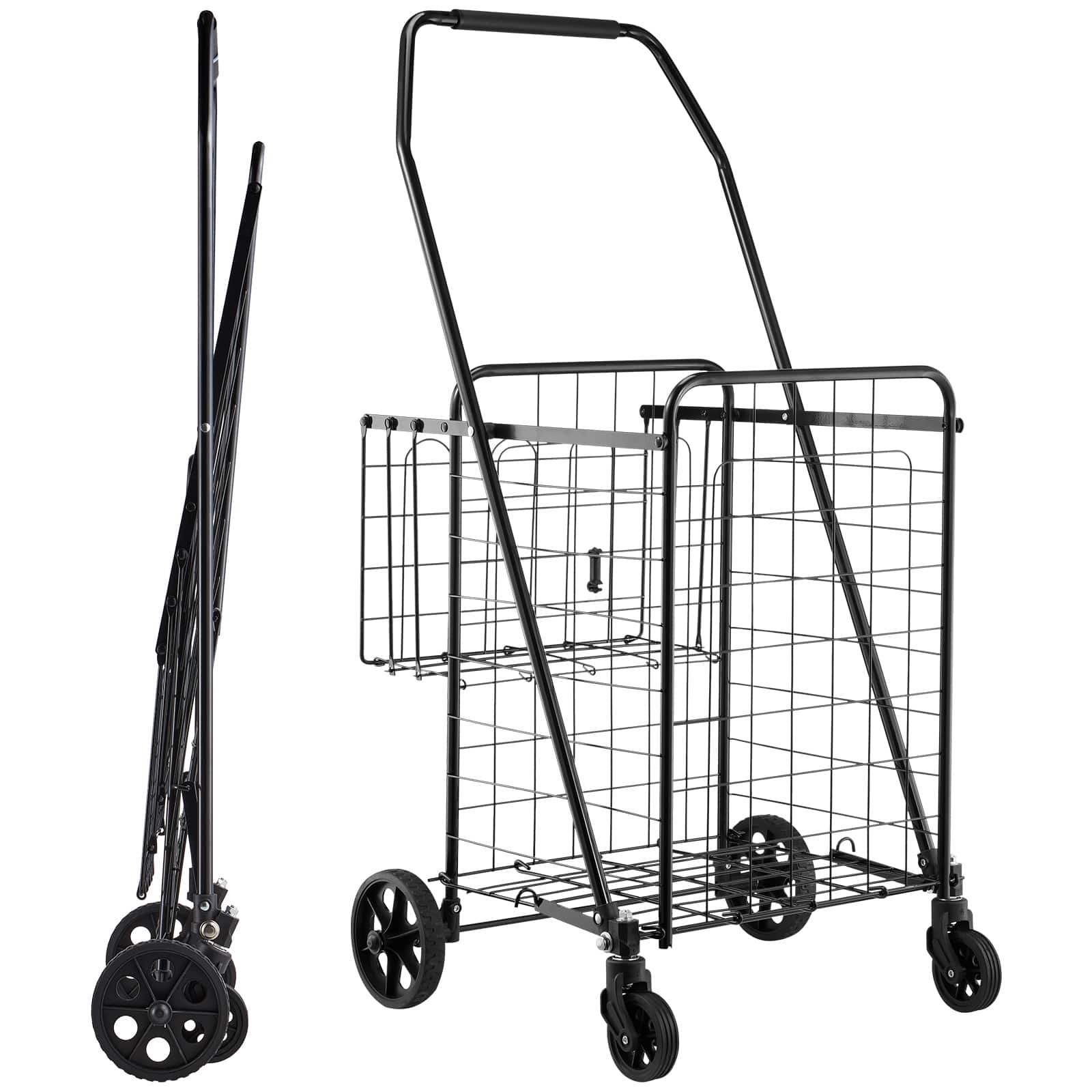 LOVMOR - Folding Shopping Cart with Dual Baskets and Waterproof Liner, 100-Lb Capacity Utility Cart - Black