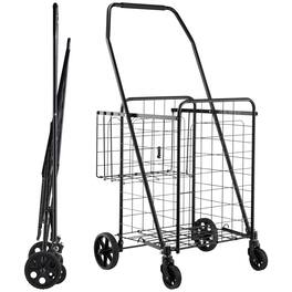 LOVMOR - Folding Shopping Cart with Dual Baskets and Waterproof Liner, 100-Lb Capacity Utility Cart - Black