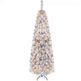 Costway - 6 FT Pre-Lit Flocked Pencil Christmas Tree Hinged - Green/White