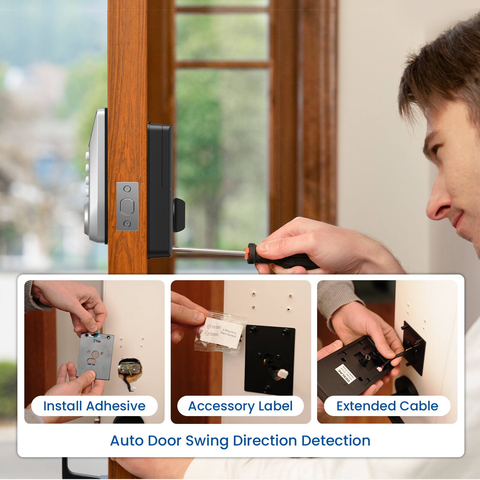 The text on the image can be grouped and corrected as follows:

- Install Adhesive
- Accessory Label
- Extended Cable
- Auto Door Swing Direction Detection