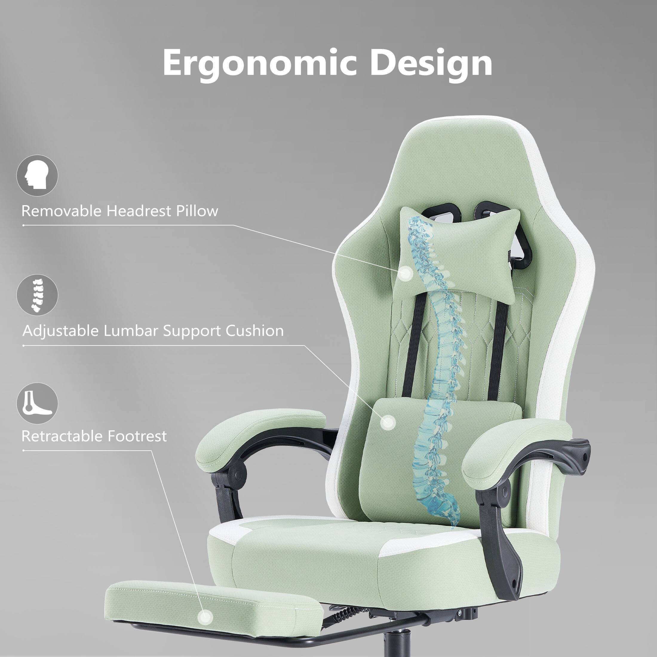 Ergonomic Design  
- Removable Headrest Pillow  
- Adjustable Lumbar Support Cushion  
- Retractable Footrest