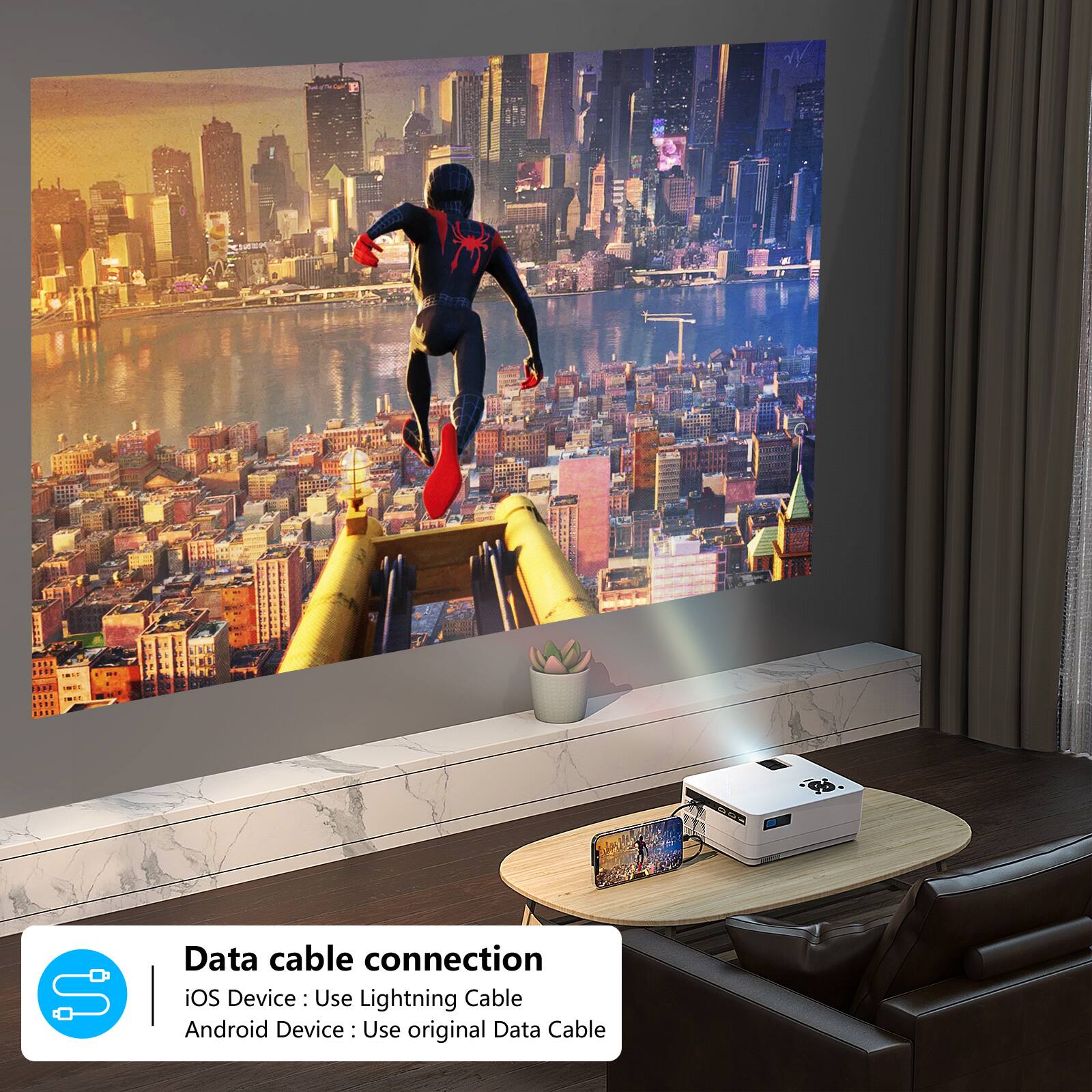 Data cable connection  
iOS Device: Use Lightning Cable  
Android Device: Use original Data Cable