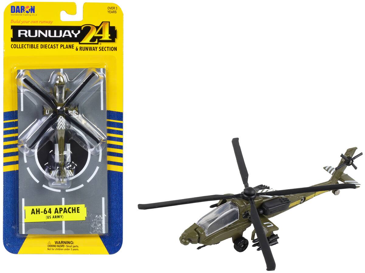 DARON  
worldwide trading inc.  
Build your own runway  
RUNWAY 24  
COLLECTIBLE DIECAST PLANE & RUNWAY SECTION  

AH-64 APACHE (US ARMY)  

WARNING: CHOKING HAZARD - Small parts. Not for children under 3 years.