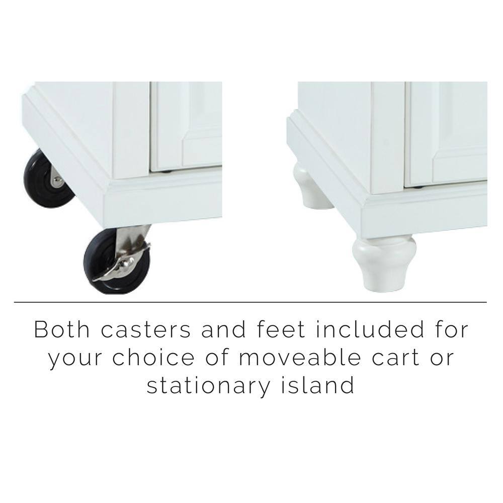 Both casters and feet included for your choice of moveable cart or stationary island