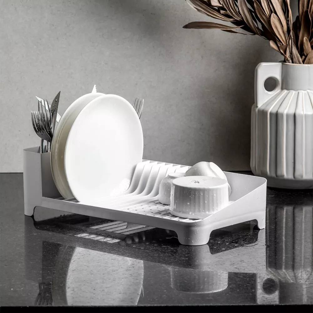 Back. OU - OU Dish Drying Rack, Freestanding Polypropylene Dish Drying Rack with Utensil Holder - 16" x 8" - White - White.