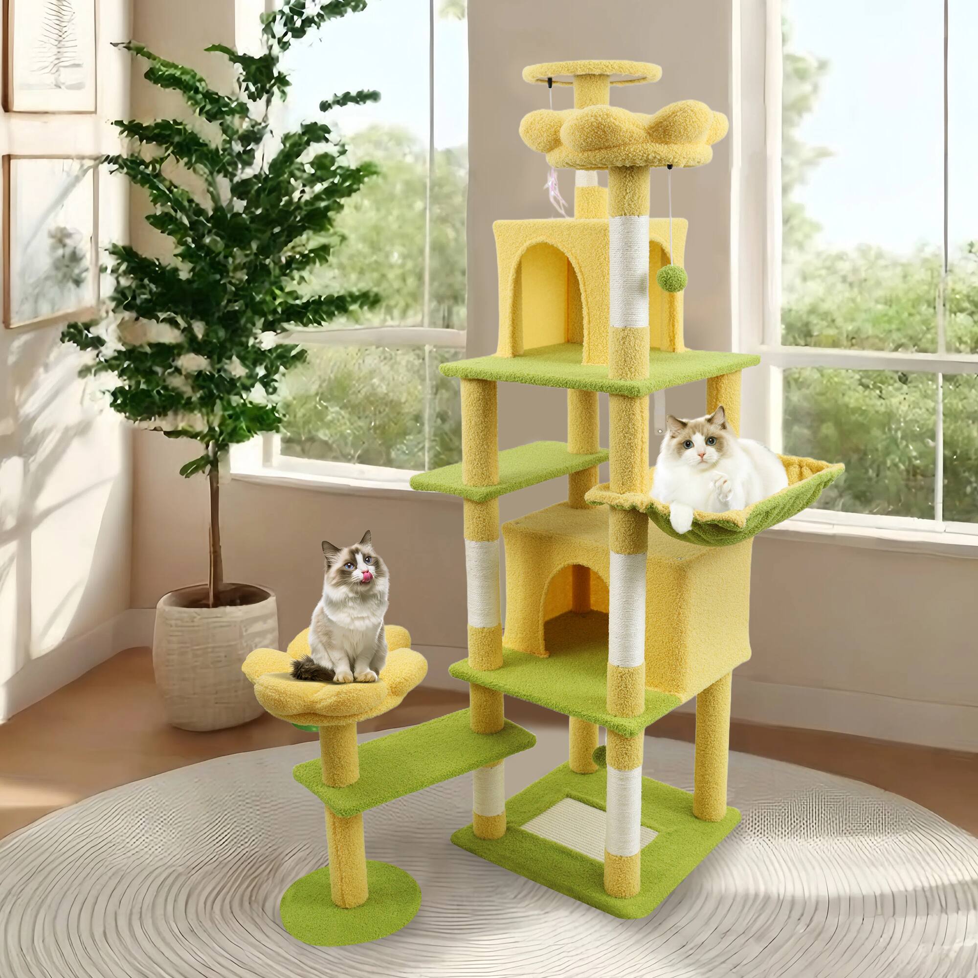 Angle. Dexmalle - Dexmalle-71 Inch Flower Cat Tree with Removable and Hammock-Yellow - Yellow.
