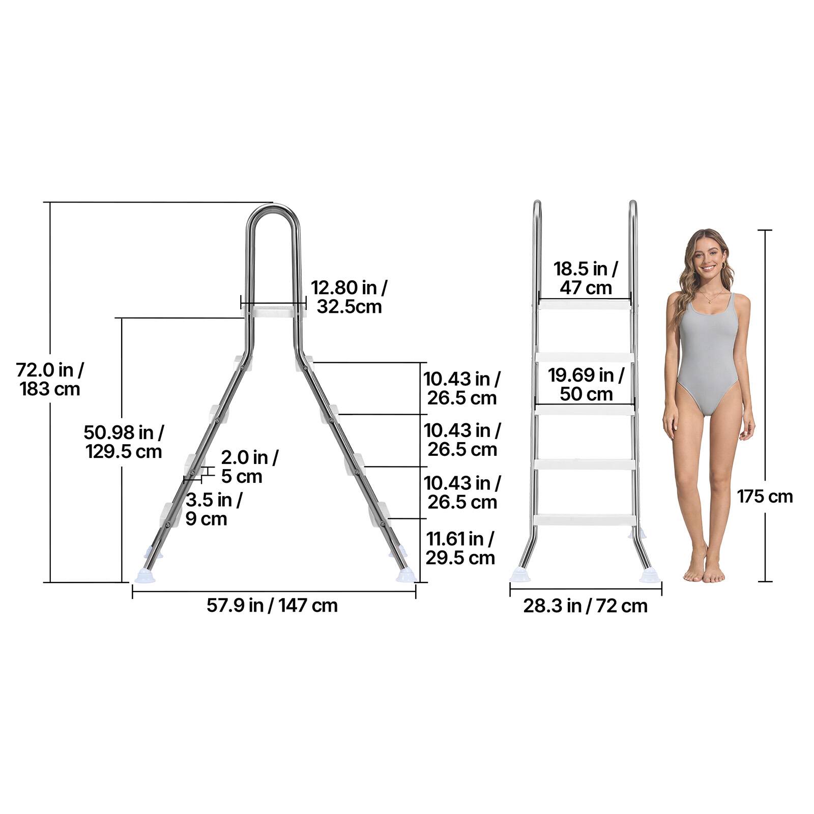 12.80 in / 32.5 cm  
18.5 in / 47 cm  
72.0 in / 183 cm  
10.43 in / 26.5 cm  
19.69 in / 50 cm  
50.98 in / 129.5 cm  
2.0 in / 5 cm  
3.5 in / 9 cm  
10.43 in / 26.5 cm  
10.43 in / 26.5 cm  
11.61 in / 29.5 cm  
175 cm  
57.9 in / 147 cm  
28.3 in / 72 cm