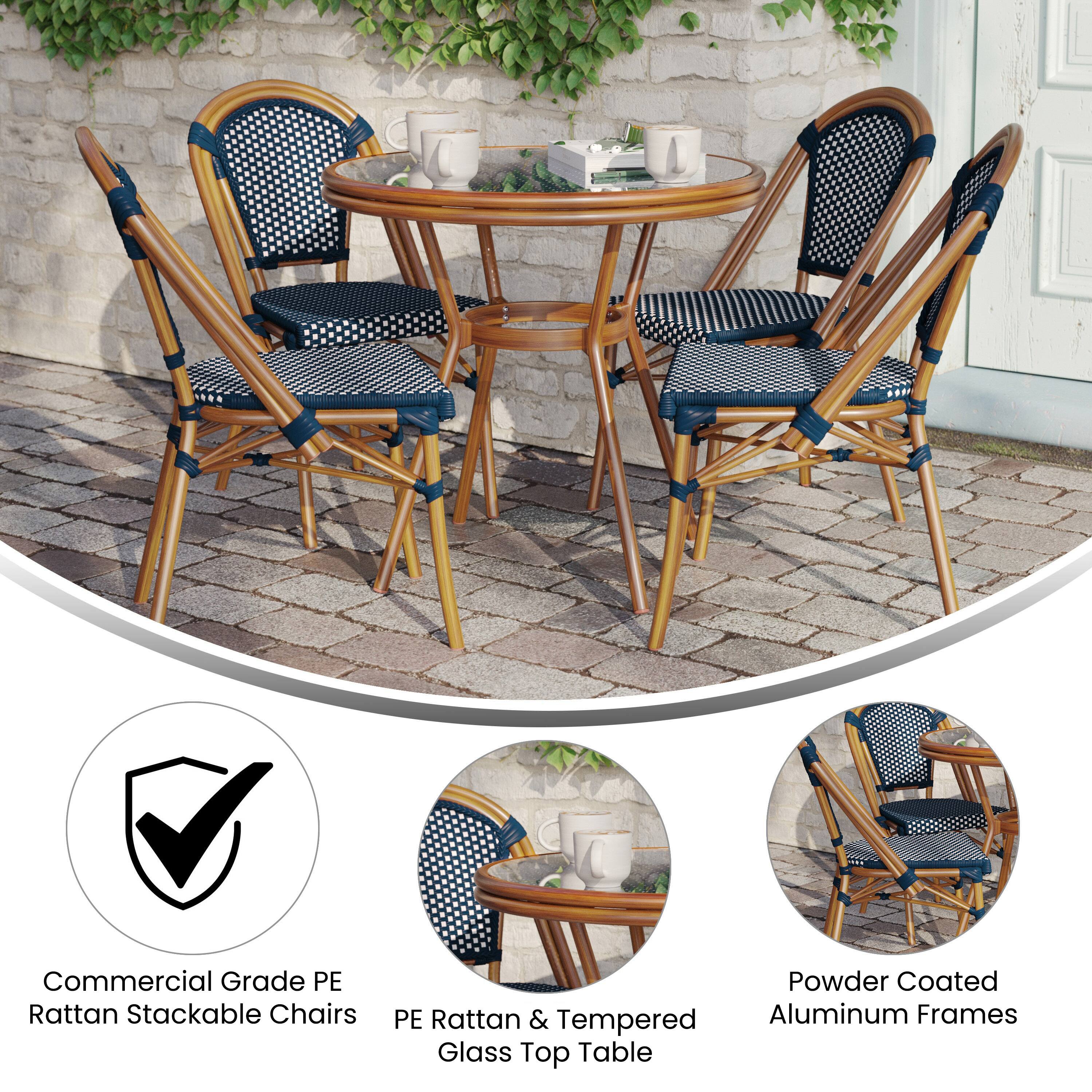 Commercial Grade PE Rattan Stackable Chairs  
Powder Coated PE Rattan & Tempered Aluminum Frames  
Glass Top Table
