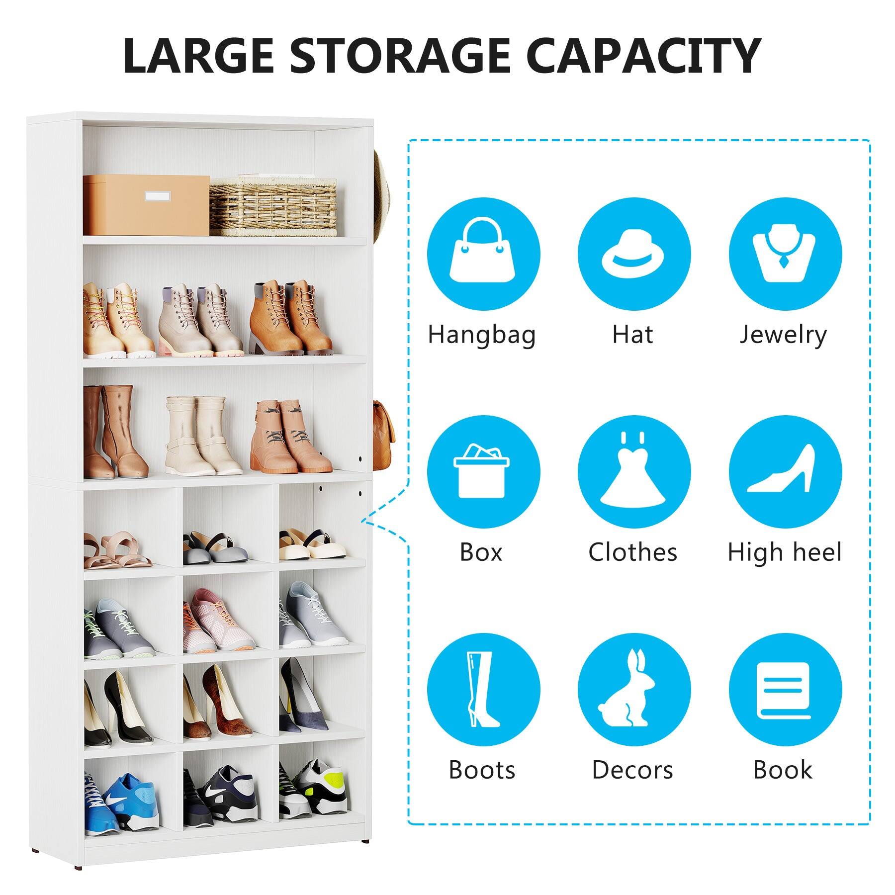 LARGE STORAGE CAPACITY

Hangbag  
Hat  
Jewelry  
Box  
Clothes  
High heel  
Boots  
Decors  
Book
