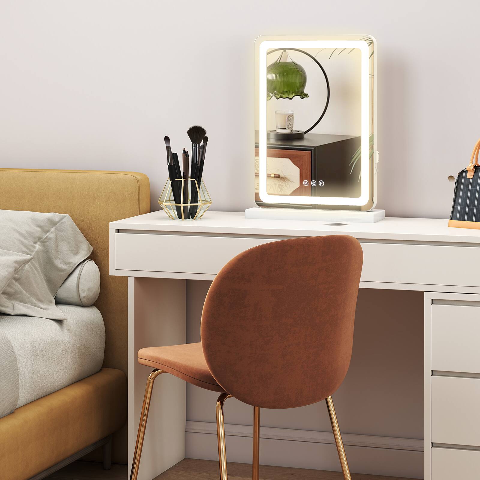 Angle. Anysun - 13" x 17" LED Vanity Mirror with Lights - Dimmable 3-Color Modes, Touch Control, Square White Desk Mirror.