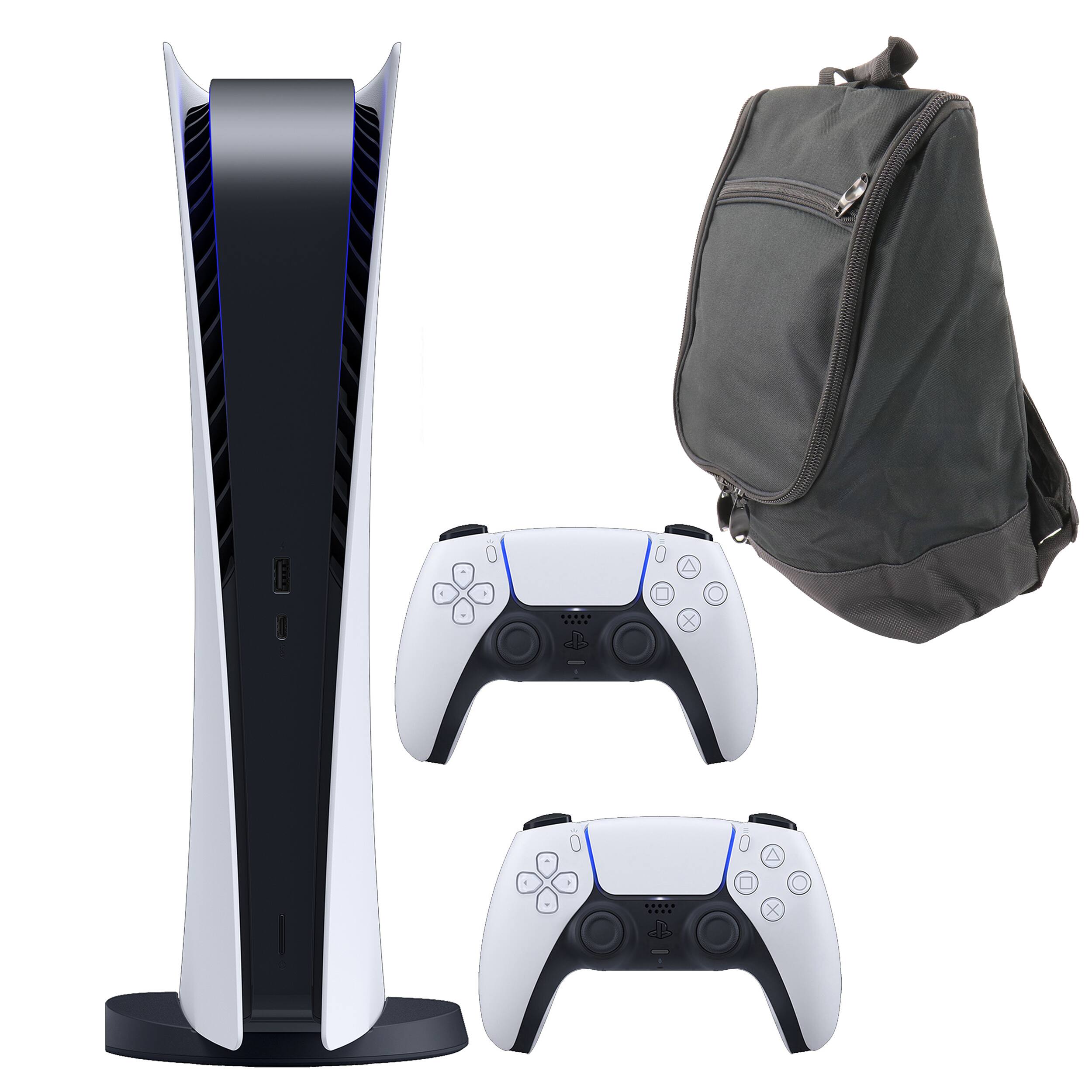 Front. Sony - PlayStation 5 Digital Console with Additional Controller and Carry Bag (PS5 Digital Console) - White.