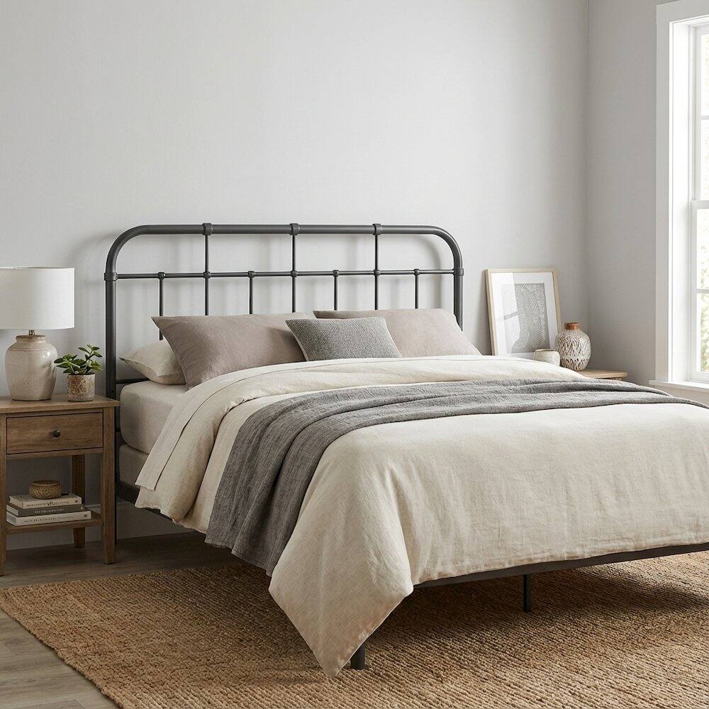Left. FurniFact - Metal King Headboard with Sturdy Frame and Sleek Minimalist Design - Gray.