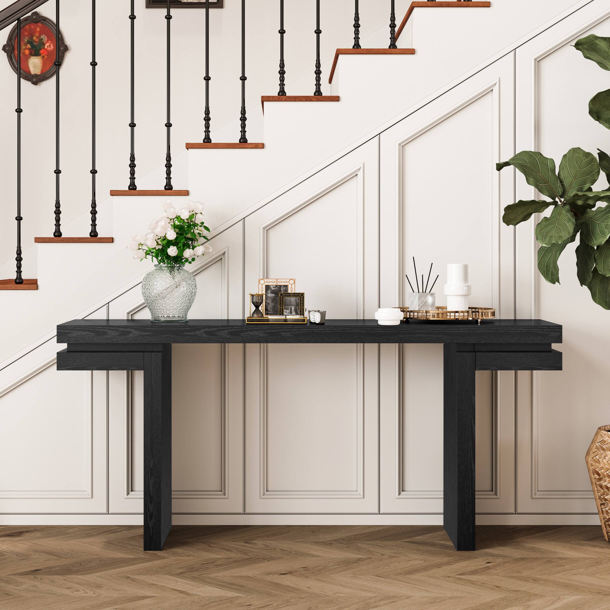 Angle. Loheer - Loheer Console Table, 66 Inch Extra Wide Black Wood Veneer Sofa Table for Entryway Hallway Living Room Home Office - Black.