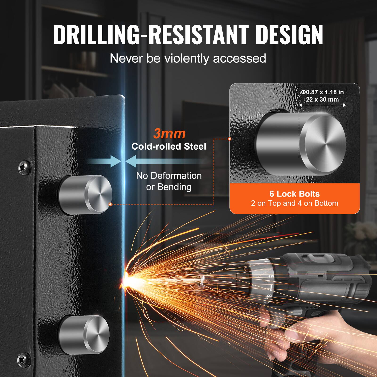 DRILLING-RESISTANT DESIGN Never be violently accessed 0.87 x 1.18 in 22 x 30 mm 3mm Cold-rolled Steel No Deformation or Bending 6 Lock Bolts 2 on Top and 4 on Bottom
