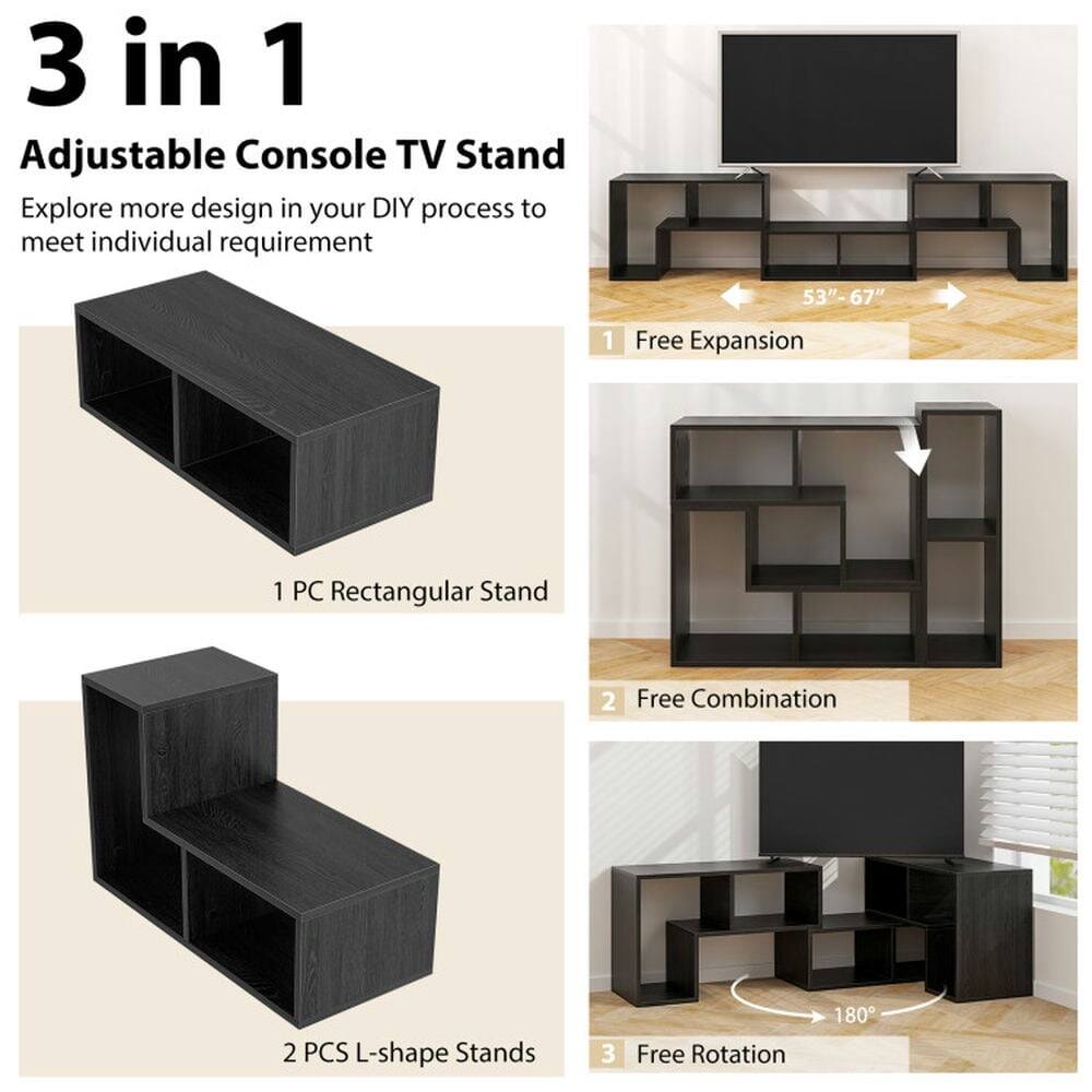 3 in 1 Adjustable Console TV Stand

Explore more design in your DIY process to meet individual requirement

1. Free Expansion
   - 1 PC Rectangular Stand

2. Free Combination
   - 2 PCS L-shape Stands

3. Free Rotation
   - 180°