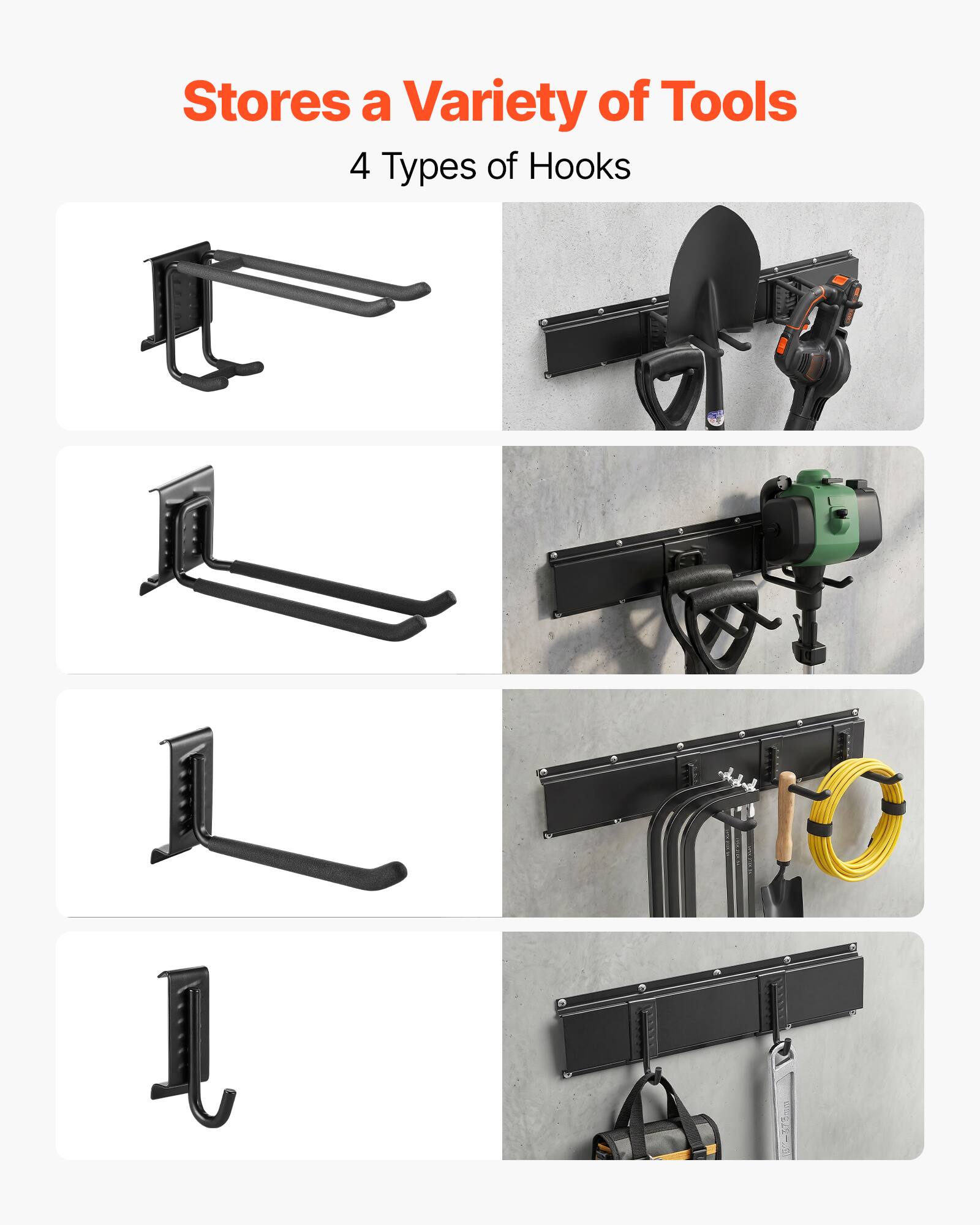 Stores a Variety of Tools  
4 Types of Hooks