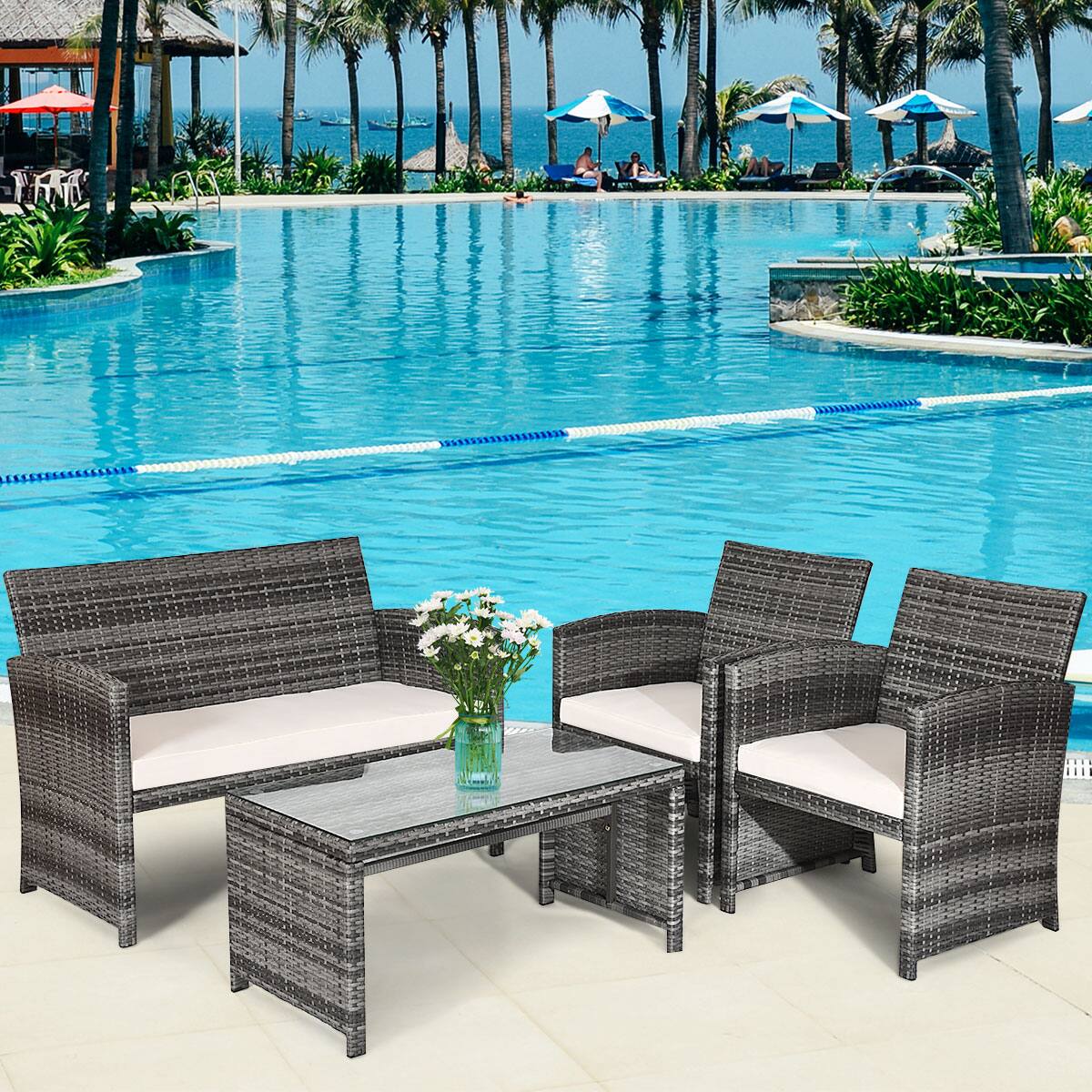 Alt View 4. Costway - Costway 8-piece Patio Rattan Sets Glass Top Table & Sofa With Cushion - Mix grey.
