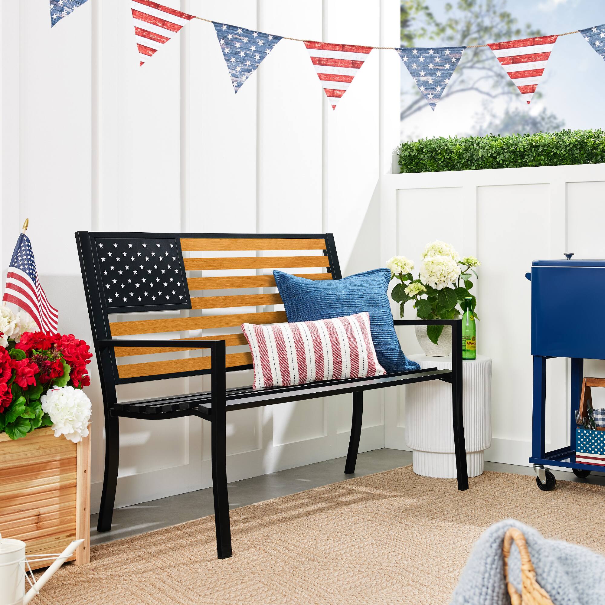Alt View 3. Best Choice Products - Best Choice Products Indoor Outdoor Steel Garden Bench w/ American Flag Backrest, 790lb Capacity - Black/Wood - black/wood.