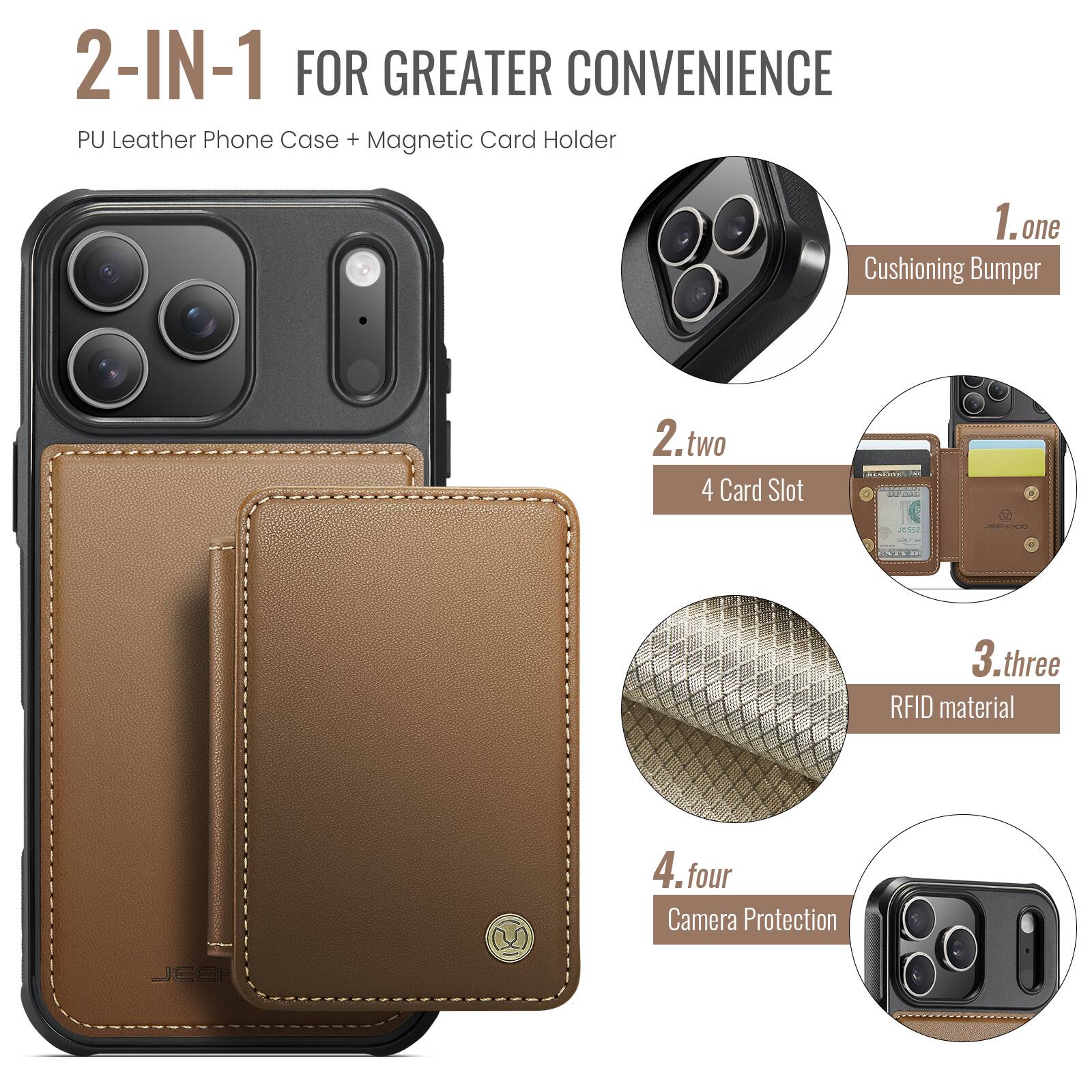2-IN-1 FOR GREATER CONVENIENCE

PU Leather Phone Case + Magnetic Card Holder

1. one
   Cushioning Bumper

2. two
   4 Card Slot

3. three
   RFID material

4. four
   Camera Protection