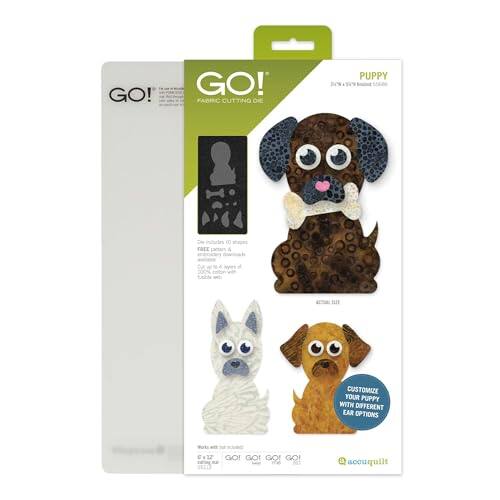 GO!  
Fabric Cutting Die  

PUPPY  
2-3/4" x 2-3/4"  

Customize your puppy with different ear options.  

Kit includes:  
- 1 x Puppy die  
- 1 x AccuQuilt GO! die  

AccuQuilt