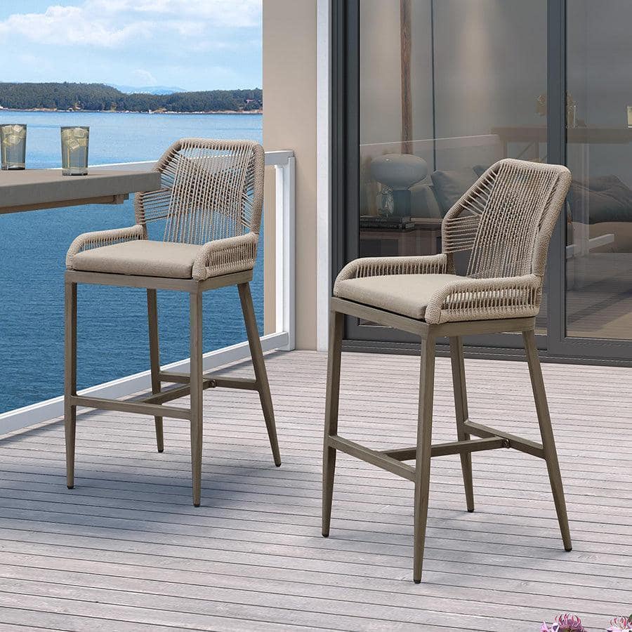 PURPLE LEAF - Outdoor Sunbrella Bar Stool Set of 2, Wicker Rattan Bar stools with Back Aluminum Outside Garden Patio Bar Chairs - Light Grey-& Taupe-Bar Height