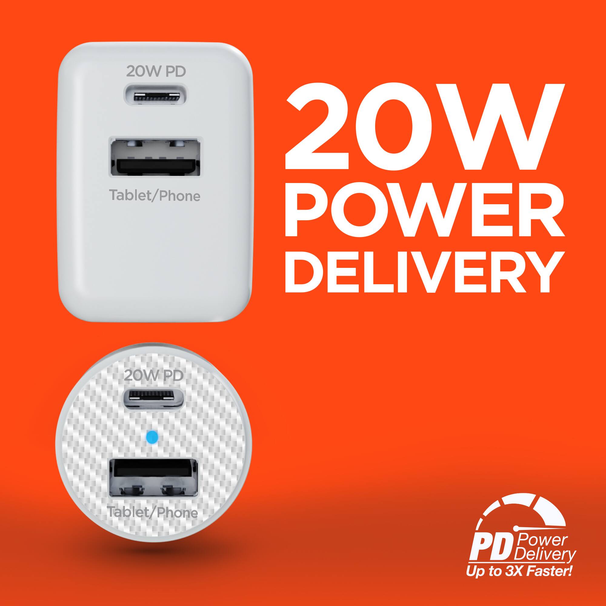 20W PD Tablet/Phone POWER DELIVERY  
20W PD Tablet/Phone PD Power Delivery  
Up to 3X Faster!