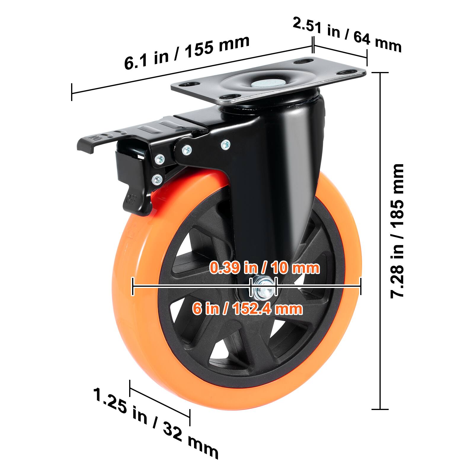 6.1 in / 155 mm  
2.51 in / 64 mm  
7.28 in / 185 mm  
0.39 in / 10 mm  
6 in / 152.4 mm  
1.25 in / 32 mm