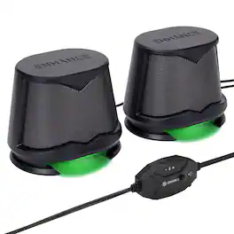 ENHANCE - 10W SB2 High-Excursion Computer Speakers, Built-in Bass Radiator, In-Line Controller, Pair - Black with Green LED