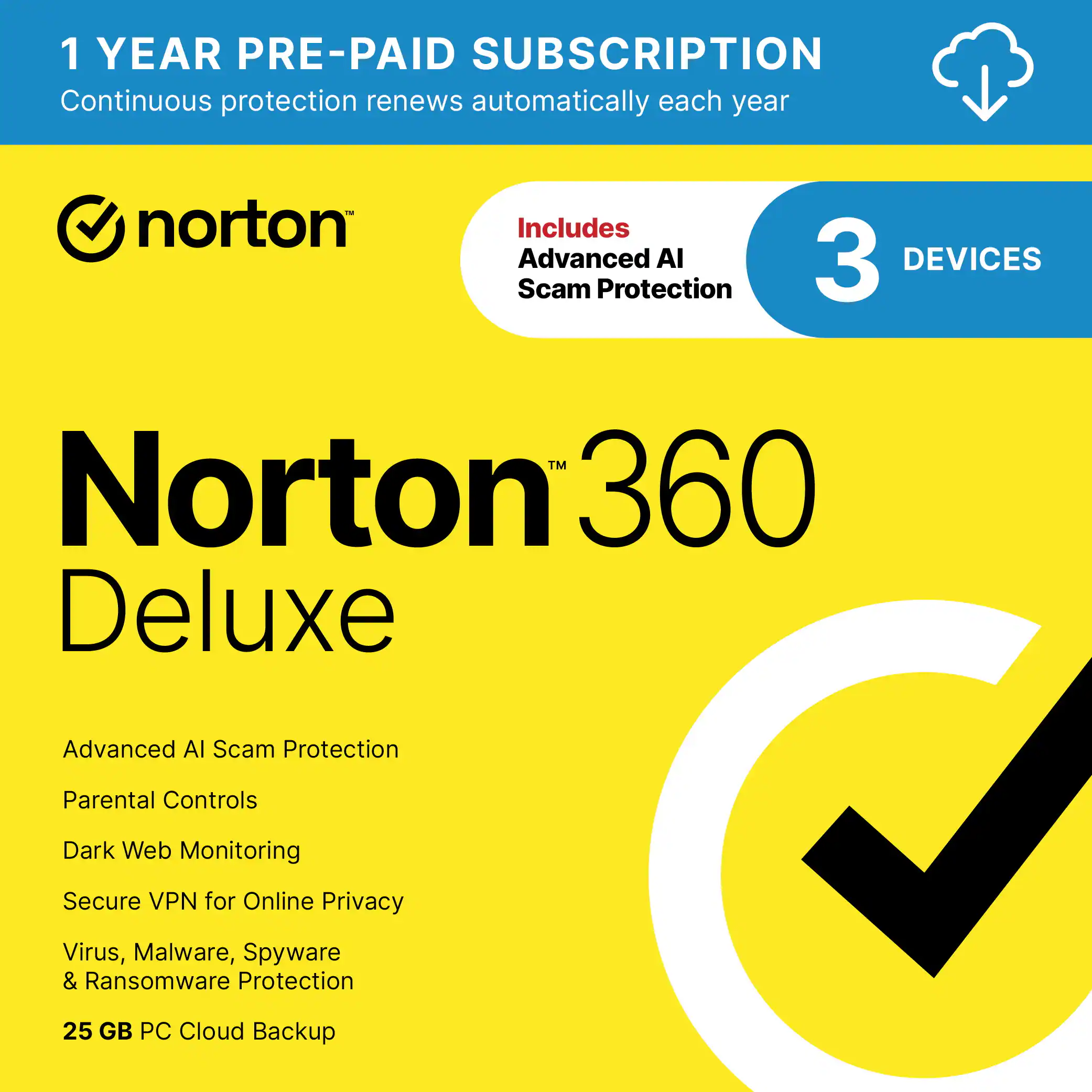 Norton 360 Deluxe offers a 1-year pre-paid subscription that automatically renews each year. This advanced AI scam protection package includes parental controls, dark web monitoring, secure VPN for online privacy, virus, malware, spyware, and ransomware protection, and 25 GB PC cloud backup. The package is designed for up to three devices.