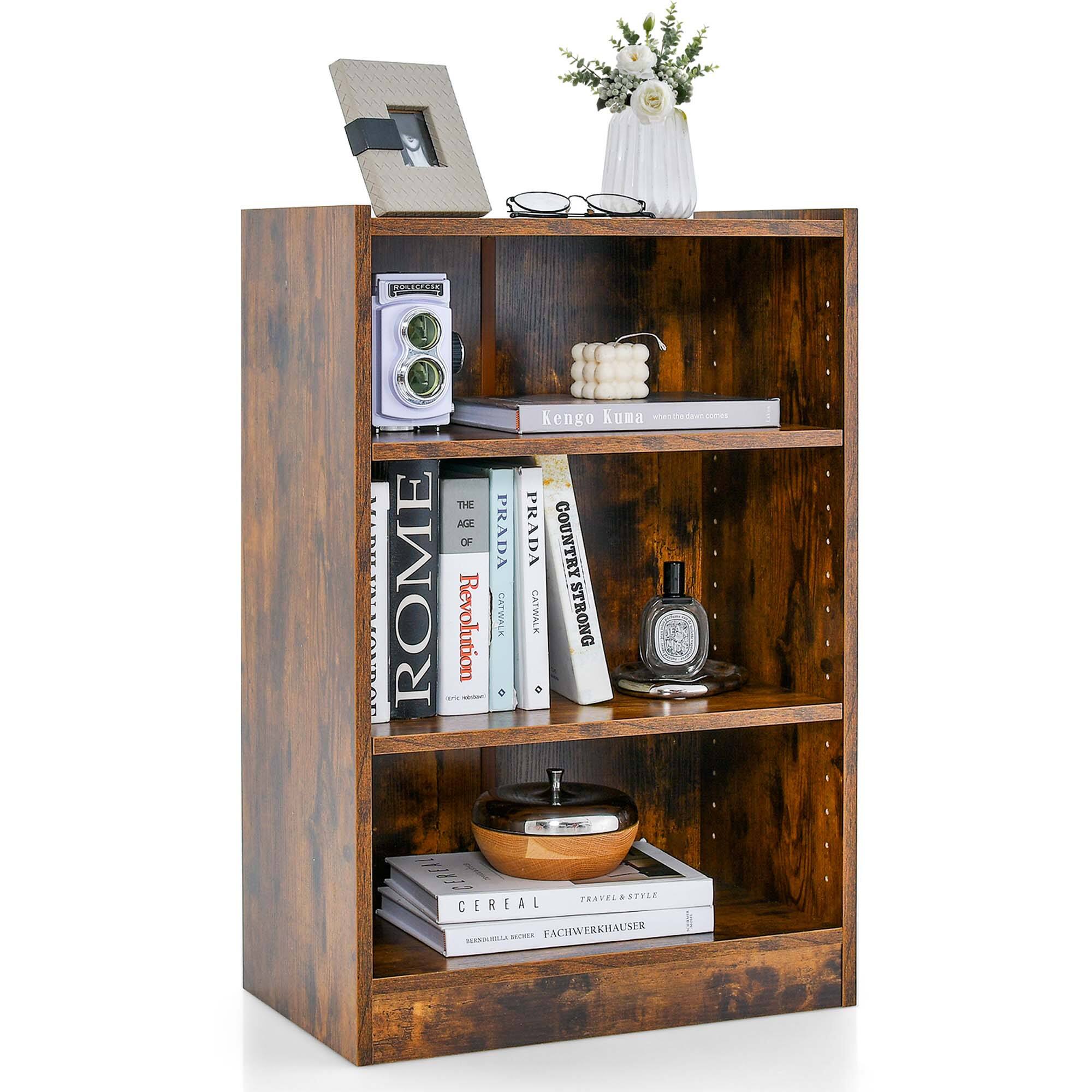 Costway - 3-Tier Bookcase Open Multipurpose Display Rack Cabinet with Adjustable Shelves - Rustic Brown