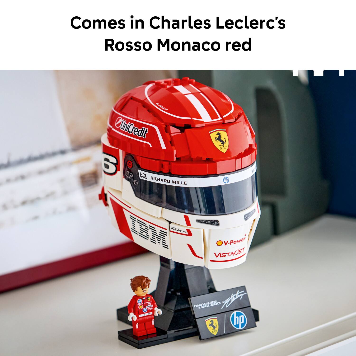 Comes in Charles Leclerc's Rosso Monaco red

UniCredit  
KCL  
RICHARD MILLE  
1 J hp  
RS  
Rive  
V-Power  
VISTAJET  
0  
1  
-  
-  
CAR  
hp  
2