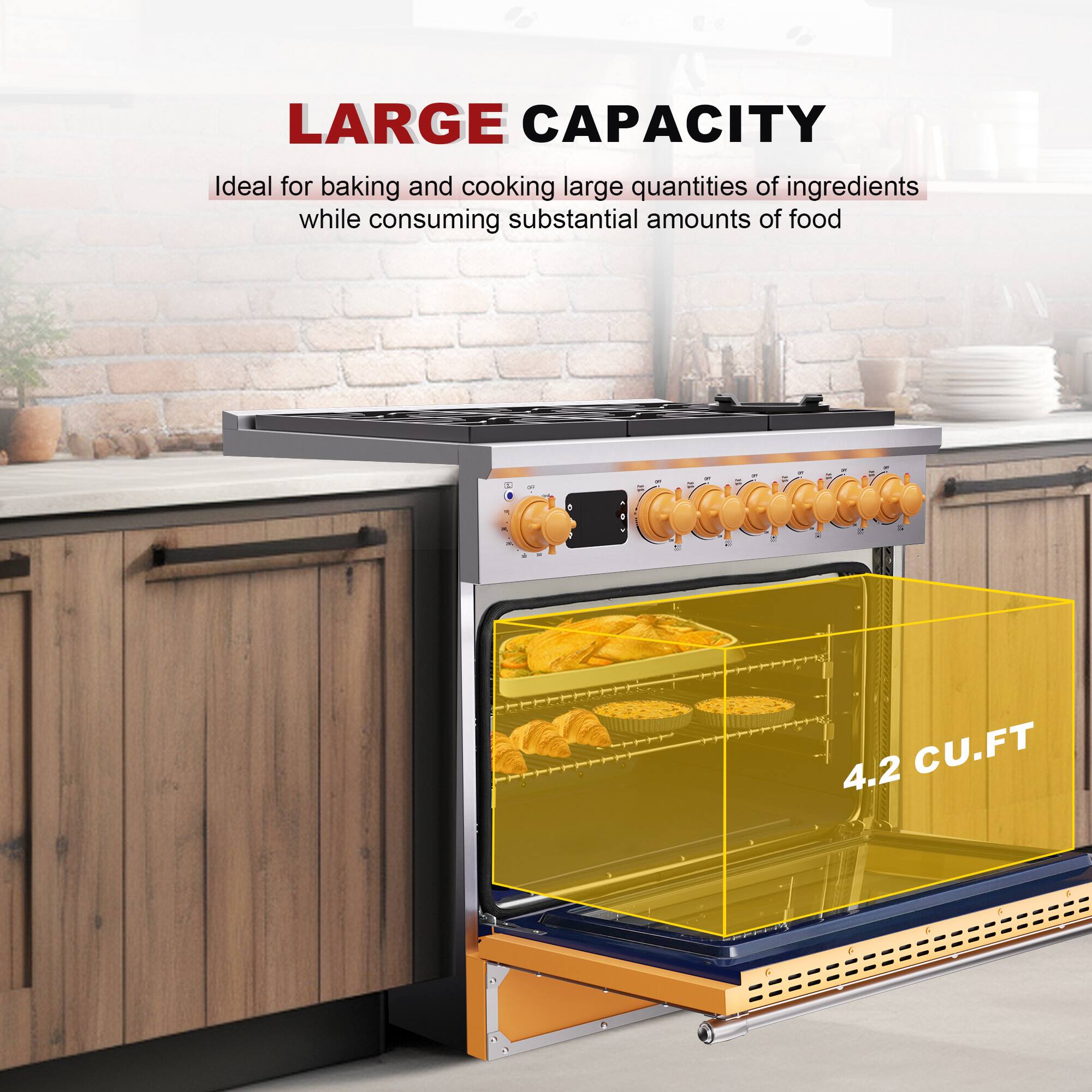 LARGE CAPACITY

Ideal for baking and cooking large quantities of ingredients while consuming substantial amounts of food

4.2 CU.FT