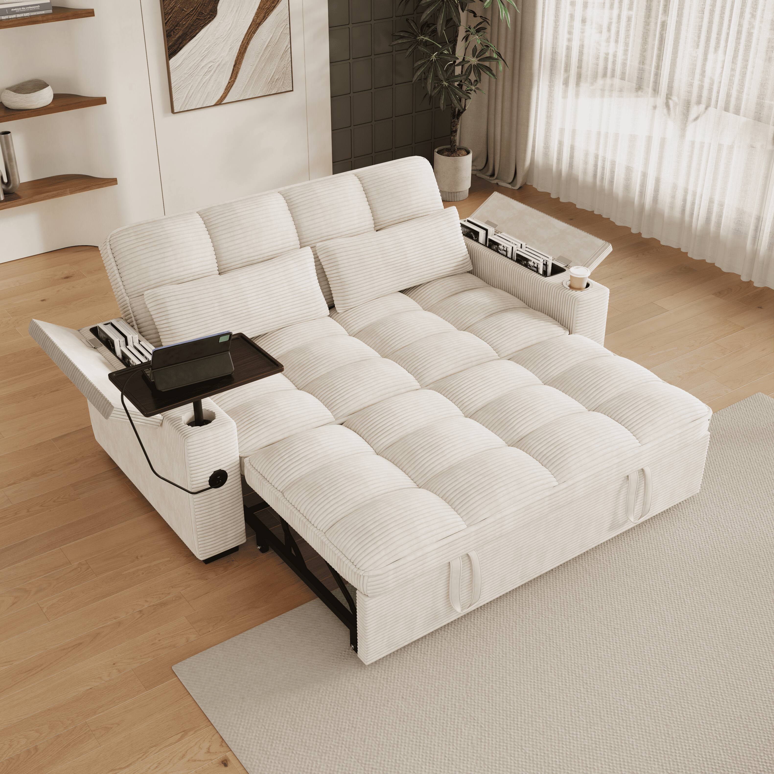 Anysun - 65" 3-in-1 Corduroy Convertible Sofa Bed - Pullout Design with 360° Swivel Table, Easy Assembly for Living Room - White