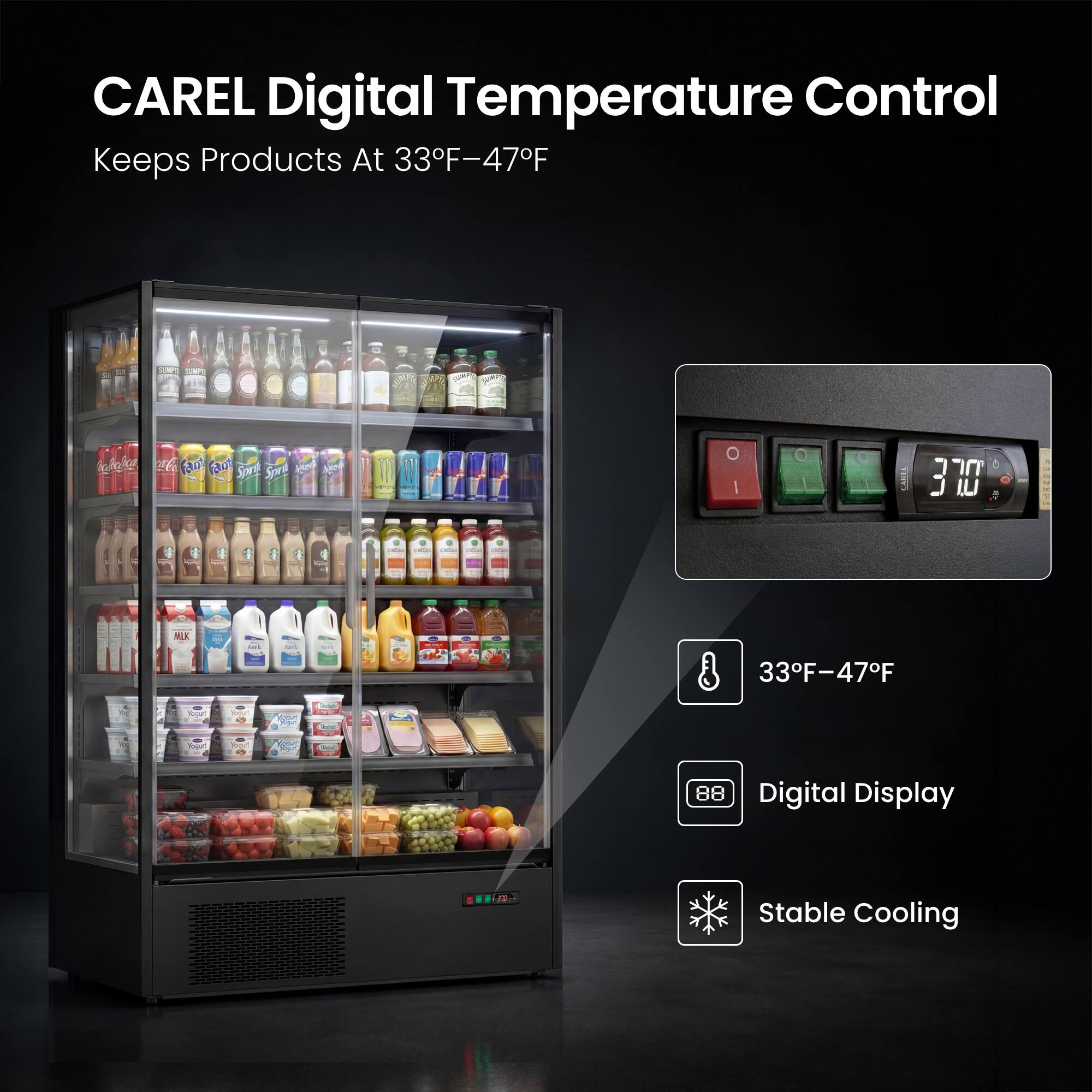 CAREL Digital Temperature Control Keeps Products At 33°F-47°F

Vellong Coca-Cola Faut aut Sprat Sport

O I
O I
0
770 ILJ
Twitter Calless
MUX
wirl
33°F-47°F
Yogurt

88
Digital Display
Stable Cooling