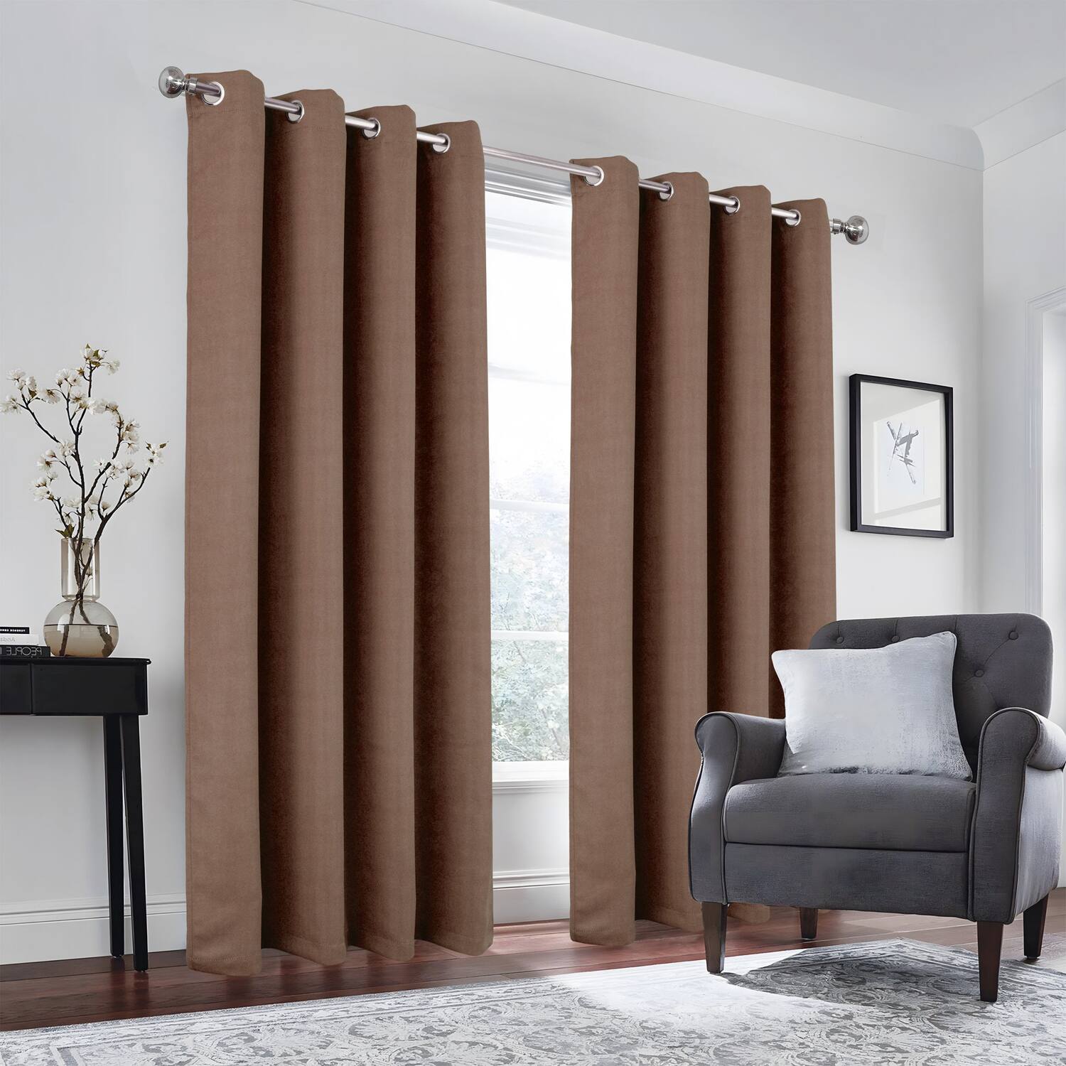 Left. Olivia Gray - Olivia Gray 100% Polyester 190 GSM Eloise Reversible Blackout Grommet Curtain Panel 54" x 90" Mocha - Mocha.