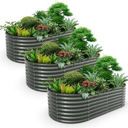 A Anleolife - 3-Pack Metal Oval Raised Garden Bed Planter Box for Planting Vegetables Flowers Herb (96 in. L x 48 in. W x 24 in. H) - Gray