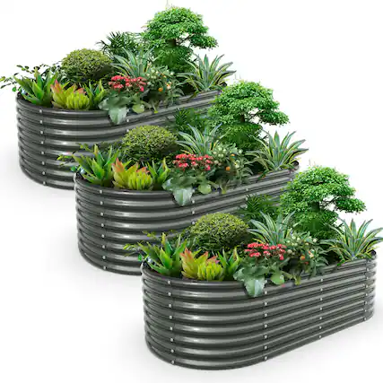 Front. A Anleolife - 3-Pack Metal Oval Raised Garden Bed Planter Box for Planting Vegetables Flowers Herb (96 in. L x 48 in. W x 24 in. H) - Gray.