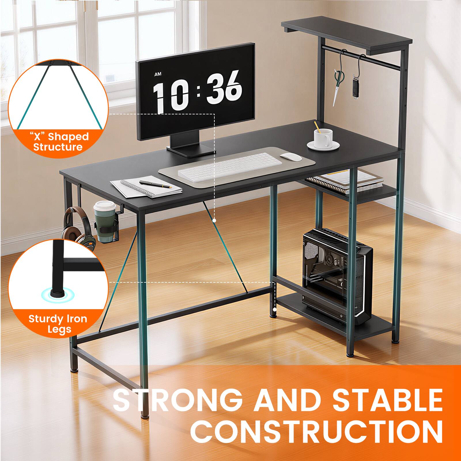 "X" Shaped Structure  
AM 10:36  
Sturdy Iron Legs  
STRONG AND STABLE CONSTRUCTION